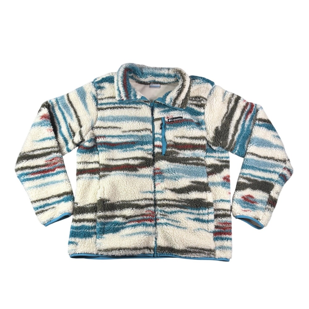 Columbia Sherpa Fleece Jacket Mens Large Blue White Abstract Stripe Full Zip